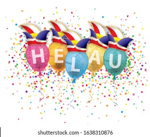 Carnival caps with colored balloons and confetti und german text helau, translate ahoy. Eps 10 vector file.