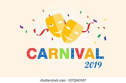 Carnival card or banner with confetti. Typography design. 