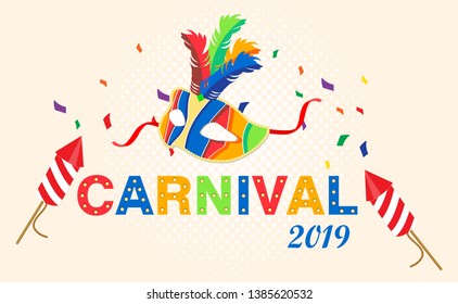 Carnival card or banner with confetti. Typography design. 2019
