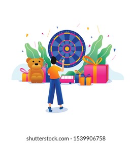 Carnival card or banner with a man playing dart with many prize design. Vector illustration style website hero image
