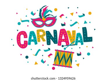 	
Carnival card or banner with typography design, confetti and hanging flag garlands.