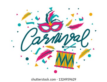 	
Carnival card or banner with typography design, confetti and hanging flag garlands.