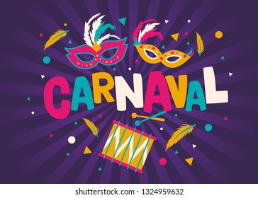 	
Carnival card or banner with typography design, confetti and hanging flag garlands.