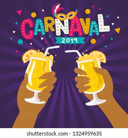 	
Carnival card or banner with typography design, confetti and hanging flag garlands.