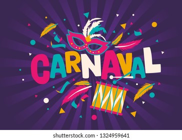 	
Carnival card or banner with typography design, confetti and hanging flag garlands.