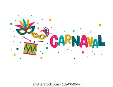 	
Carnival card or banner with typography design, confetti and hanging flag garlands.