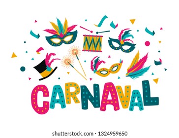 	
Carnival card or banner with typography design, confetti and hanging flag garlands.