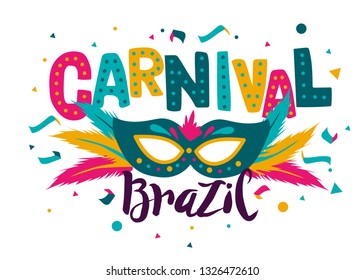 Carnival card or banner with typography design, confetti and hanging flag garlands.