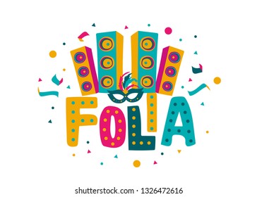 Carnival card or banner with typography design, confetti and hanging flag garlands.