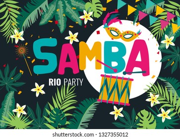 Carnival card or banner with typography design, confetti and hanging flag garlands.