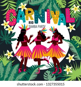 Carnival card or banner with typography design, confetti and hanging flag garlands.