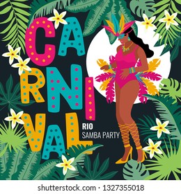 Carnival card or banner with typography design, confetti and hanging flag garlands.