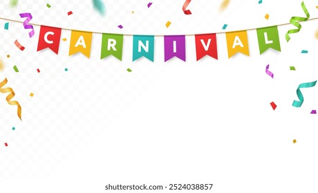 Concepto de tarjeta de carnaval, diseño de tipografía. Streamers, guirnalda de bandera de papel colgante. Anuncio de fiesta realista, confeti colorido. Divertida maqueta de celebración de eventos. Fondo aislado transparente. Vector