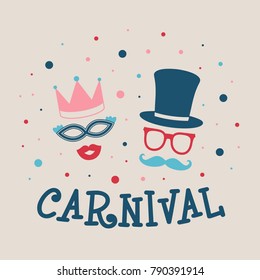 Carnival - card with funny masks. Vector.