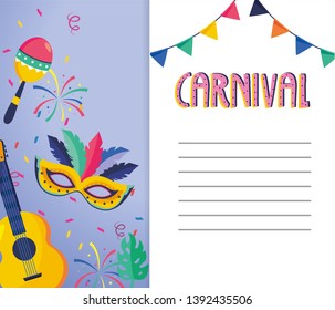 carnival card with gruitar and mask decoration