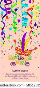 Carnival card, Mardi Gras invite. Masks, confetti, ribbons of colored paper. Vector. Abstract.
