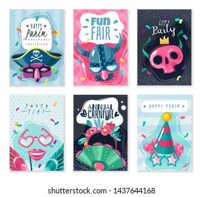 Carnival cards banners set on white background with masquerade masks and holiday attributes. Vector