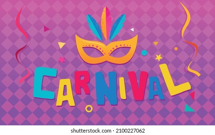 Carnival (Carnaval) mardi gras mask, plaid background. Confetti and streamers vector Illustration