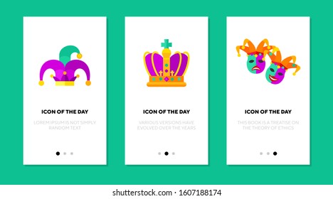 Carnival celebration flat vector icon set. Mask, joker, crown, hat isolated sign pack. Celebration and festivity concept. Vector illustration symbol elements for web design and apps.