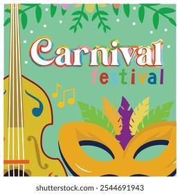 Festas de Carnaval no Brasil. Festival de música de rua com guitarras e máscaras de penas. Conceito de festa de carnaval. Ilustração de vetor plano.