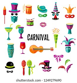 Carnival and celebratory subjects, masks, musical instruments, fireworks, drinks, confetti. Vector icons set.