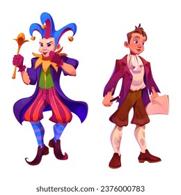 Carnival character clown and writer isolated vector. People in costume as public artist. Medieval young scientist profession guy and retro laughter comedian drawing set. Entertainment activity design