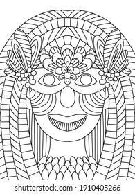 Carnival character queen with venetian mask stock vector illustration. Young woman with makeup and mask on masquerade coloring page for kids and adults. Fat Tuesday festival symmetrical portrait art