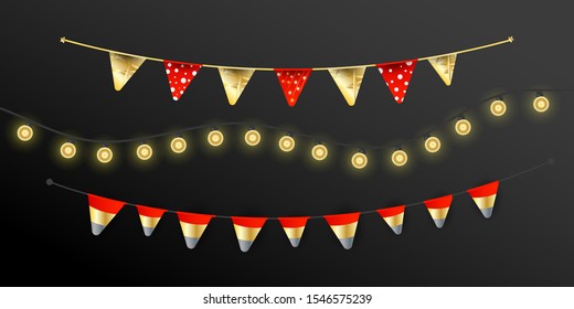 Carnival Christmas garland with flags garlands, lights realistic design lamps elements on a dark background for birthday celebration, festival and fair decoration.