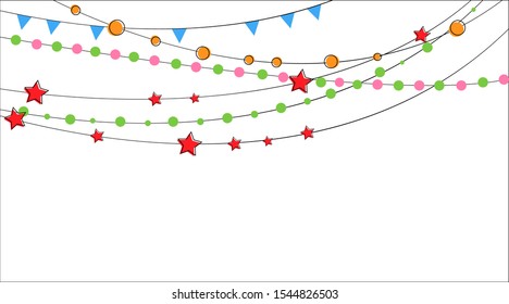 Carnival, Christmas or New Year garland with flags. Decorative colorful party pennants for birthday celebration, festival and fair decoration. Holiday background with hanging multi colored bright bunt