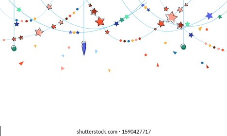 Carnival, Christmas or New Year garland with Beads, jewelry of various shapes, stars. Decorative colorful party pennants for birthday celebration, festival and fair decoration. Vector
