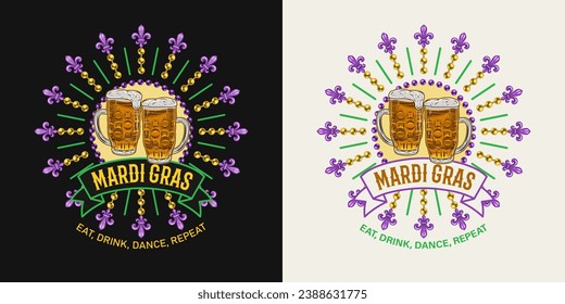 Carnival circular Mardi Gras label with full frothy glass of beer, Fleur de Lis, beads, ribbon, text. For prints, clothing, t shirt, surface design. Vintage illustration. Not AI