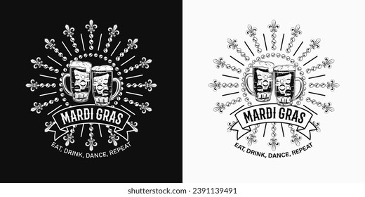 Carnival circular Mardi Gras label with full frothy glass of beer, Fleur de Lis, beads, ribbon, text. For prints, clothing, t shirt, surface design. Vintage monochrome illustration. Not AI