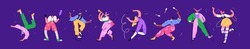 Carnival And Circus Acrobats, Clowns, Jugglers And Jesters Set. Harlequins, Jokers, Funny Artists, Comic Actors, Gymnasts, Comedians Performing On Stilts, Unicycle, Juggling. Flat Vector Illustration