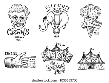 Carnival Circus badge. Banner or poster with animals. clown and elephant, ice cream and focus, magic in the tent. festival with actors. engraved emblem hand drawn. entertainment, theater and marquee.