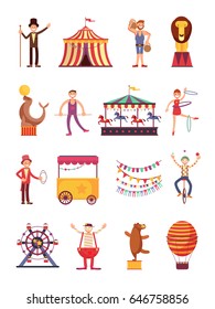 Carnival and circus cartoon fun characters. Fair carousel and amusement park elements vector collection