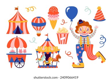 El circo carnavalesco adorable conjunto de diseño de elementos. Impresión infantil para pegatinas, prendas de vestir, tarjetas, invitación a fiestas y decoración