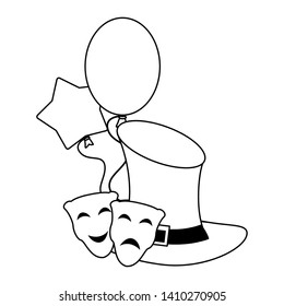Carnival circus festival magician hat with theater masks and balloons cartoons vector illustration graphic design