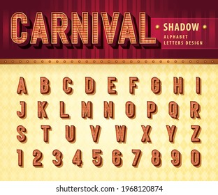 Carnival Circus Funfair Letters, Retro 3d Alphabet With Shadow Font, Vintage Circus Alphabet Letters And Numbers, Condensed Drop Shadow Letters Set For Festival, Classical Party, Promotion, Fun Fair