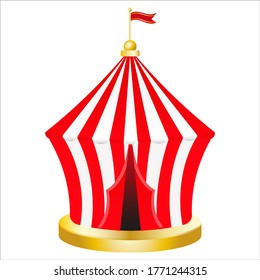 Carnival circus red tent. Retro Circus tent with flag. Vector illustration isolated on white background.