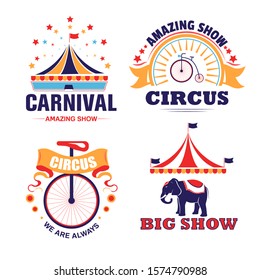 Carnival and circus show invitation, badges and labels vector. Show and festival event, tent and bicycle, unicycle and elephant, isolated icons. Festival or fair ground emblem or logo, entertainment