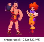 Carnival circus vector man character illustration. Female clown amusement and funny person. Vintage strongman muscular bodybuilder icon with dumbell. Creative costume and makeup on happy person
