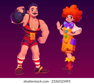 Ilustración del personaje del hombre del vector del circo del carnaval. Alegría de payasos y persona divertida. Ícono de culturista muscular de hombre fuerte con dumbell. Disfraz creativo y maquillaje en persona feliz