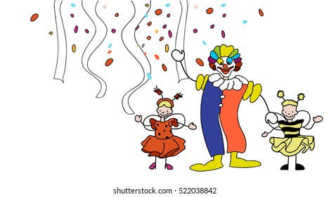 Carnival Clown and Toddler in front of Confetti and Garlands, hand-drawn vector sketch, Artwork