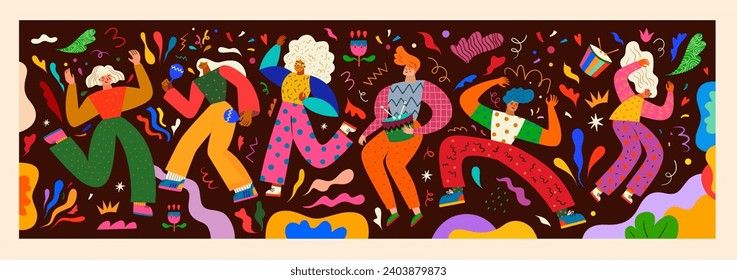 Carnival collection of colorful cards. Design for Brazil Carnival. Decorative abstract illustration with colorful doodles. Music festival banner