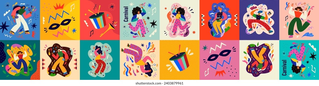 Carnival collection of colorful cards. Design for Brazil Carnival. Decorative abstract illustration with colorful doodles. Music festival