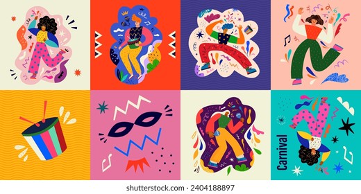 Carnival collection of colorful cards. Design for Brazil Carnival. Decorative abstract illustration with colorful doodles. Music festival illustration