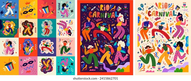 Colección de carnaval de tarjetas coloridas. Diseño para el Carnaval de Brasil. Ilustración abstracta decorativa con doodles coloridos. Festival de música