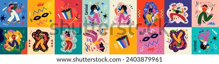 Carnival collection of colorful cards. Design for Brazil Carnival. Decorative abstract illustration with colorful doodles. Music festival