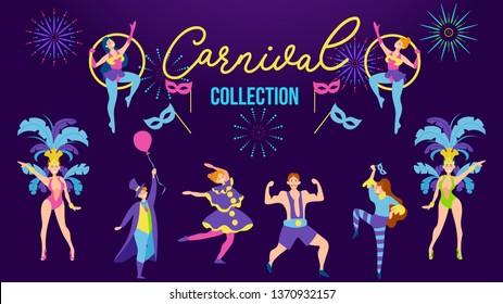 Carnival collection with festive people wearing different costumes. Costume party people. Carnaval people set. Vector illustration