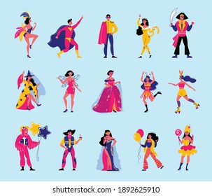 Carnival color set of isolated icons with doodle human characters wearing expressive costumes of epic heroes vector illustration